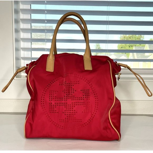 SOLD Tory Burch Red Nylon & Leather Perforated Logo Drawstring Hand Bag Tote - Picture 3 of 12
